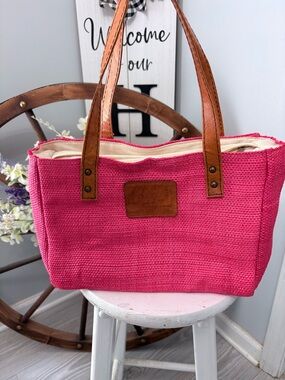 MAYA Coral Pink Woven Tote Bag with Brown Leather Handles